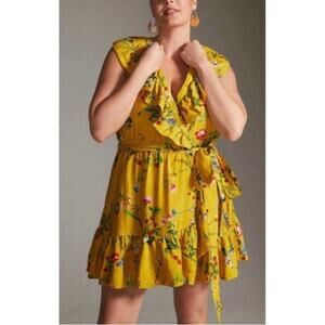 Maeve Anthropologie Plus 3X Ruffled Faux Wrap Mini Dress Yellow Summer Floral